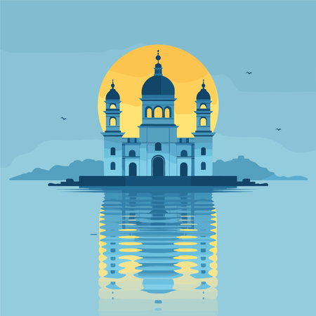 Mosque on the island in the sea. Vector illustration in flat styleのイラスト素材