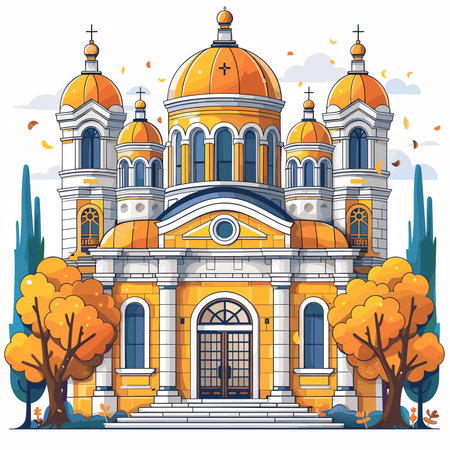 Orthodox church in autumn. Vector illustration in flat cartoon style.のイラスト素材