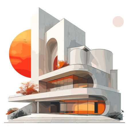 Modern building on a background of the setting sun. Vector illustration.のイラスト素材