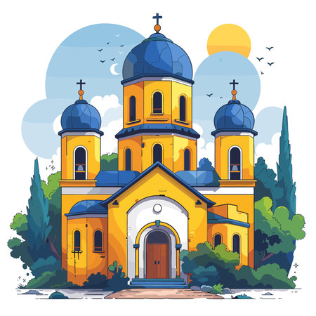 Orthodox church in the forest. Vector illustration in cartoon style.のイラスト素材