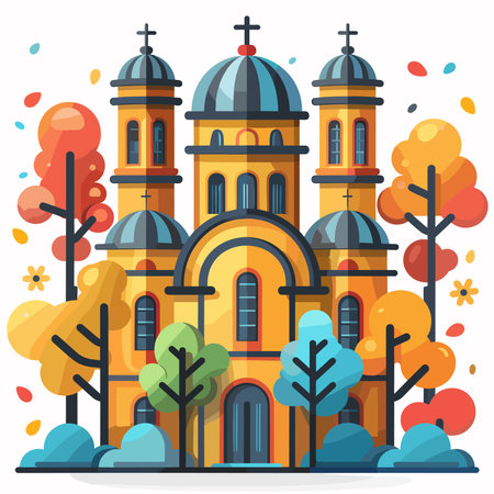 Vector illustration of church in autumn. Colorful flat style design.のイラスト素材