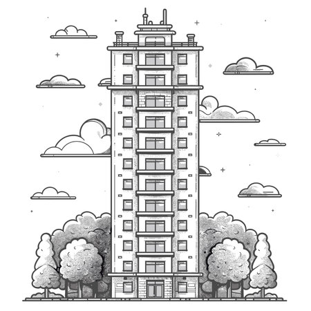 Hand drawn vector illustration of a high-rise building in the city.のイラスト素材