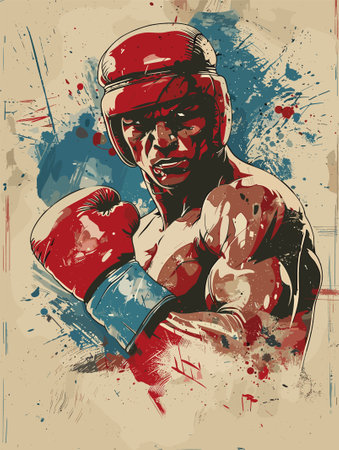 Boxer with red gloves. Grunge background. Vector illustration.のイラスト素材