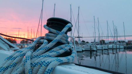 Sail boat in harbour at sunset, close up of  winch and ropeの写真素材