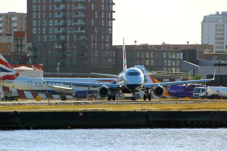 LONDON, UK - SEPTEMBER 11, 2016: An Embraer ERJ-170STD by British Airways CityFlyer (G-LCYG) preparing for takeoff at London City Airport (LCY) 2/2のeditorial素材