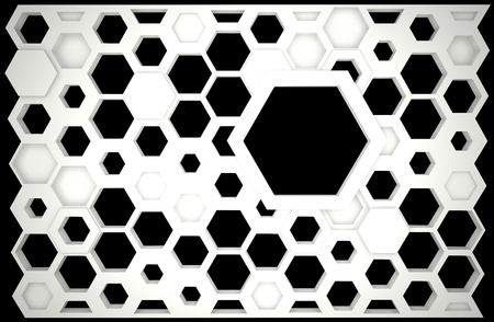 abstract showcase with hexagonal white frames, front view