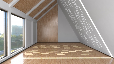 Empty room interior with mansard windows and laminate wood finishing