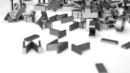 many plastic letters lying chaotic on whiteの写真素材