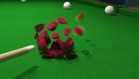 billiard ball smashing with a powerful strike from the cue