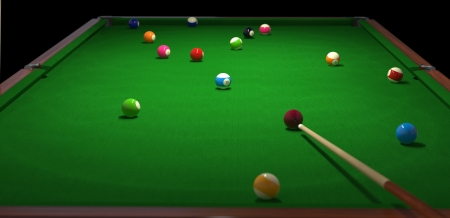 billiard table with balls and cue