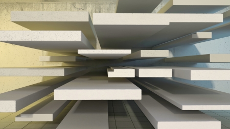 abstract architectural space with many concrete blocks different sizeの写真素材