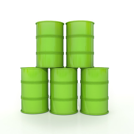 few glossy green barrels made in pyramide isolated on whiteの写真素材