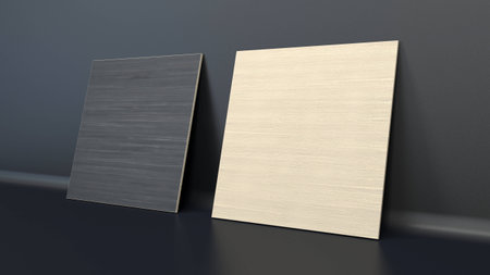 two blank planks with rich wooden texture standing vertical near black wall