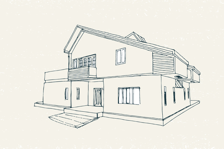 vector architectural sketch of two-storey house with balconyのイラスト素材