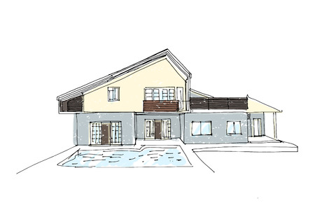 vector architectural sketch of two-storey house with balconyのイラスト素材