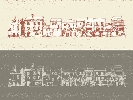 hand drawn vector illustration with facades of old town housesのイラスト素材