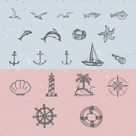 vector set of hand drawn vintage nautical signs and symbolsのイラスト素材