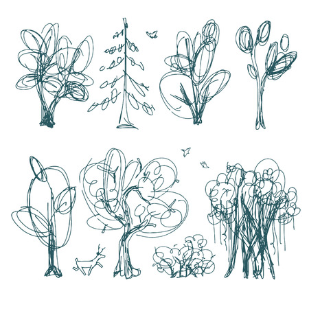 set of hand drawn doodle style vector treesのイラスト素材