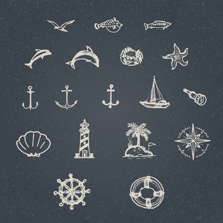 vector set of hand drawn vintage nautical signs and symbolsのイラスト素材