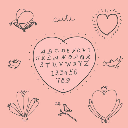 set of vintage hand drawn romantic signs and alphabetsのイラスト素材