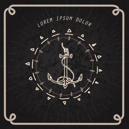 hand drawn vintage style anchor with rope on black board backgroundのイラスト素材
