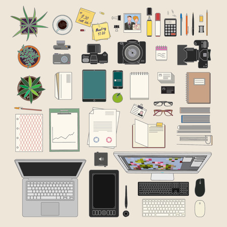 huge vector set of modern office stuff including houseplants and computersのイラスト素材