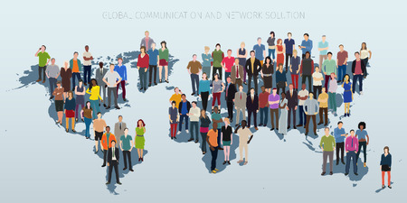 world with continents and crowd of different people standing on themのイラスト素材