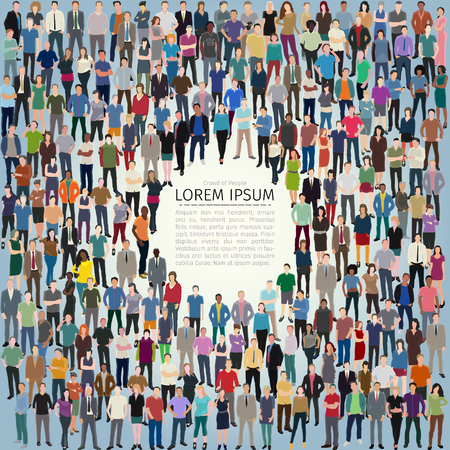 vector illustration with huge crowd of stylized people forming frameのイラスト素材