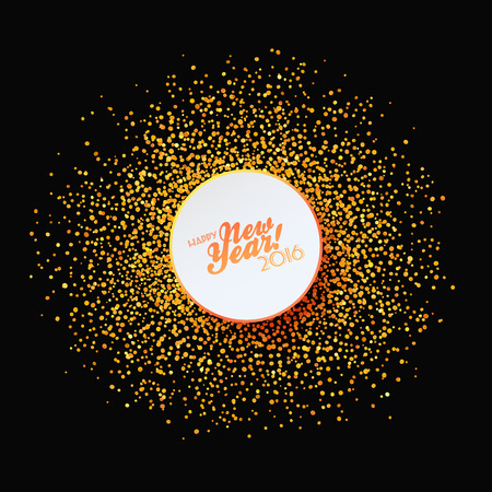 tiny golden confetti and round paper label with greetingsのイラスト素材