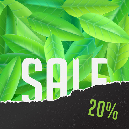 summer sale vector flyer conceptual illustration with green realistic leaves and black cardboard textureのイラスト素材