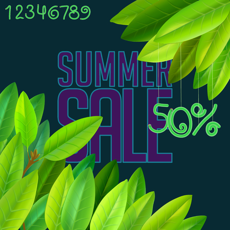 summer sale vector flyer conceptual illustration with glossy realistic leavesのイラスト素材