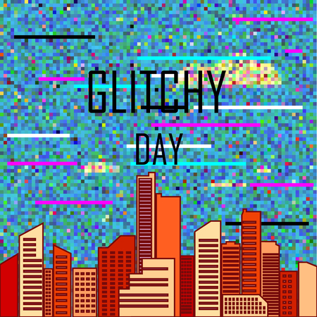 conceptual vector illustration with stylized city and glitch skyのイラスト素材