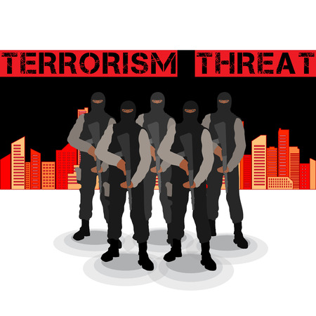 Conceptual illustration of a group of men in camouflage uniforms and with weapons in their handsのイラスト素材