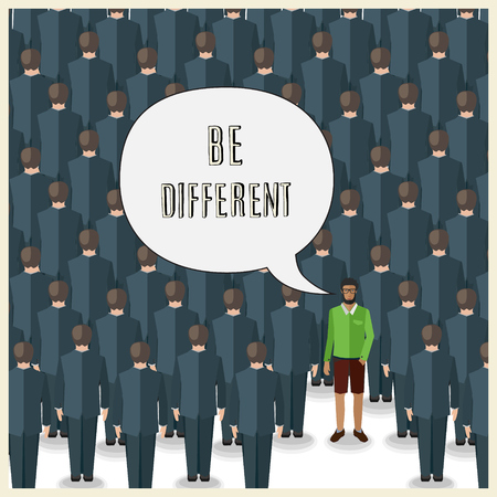 motivation quote with young man standing in a huge crowd of suits: be differentのイラスト素材