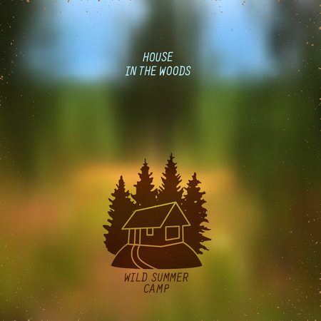 stylized line art sign with small house in the woodsのイラスト素材