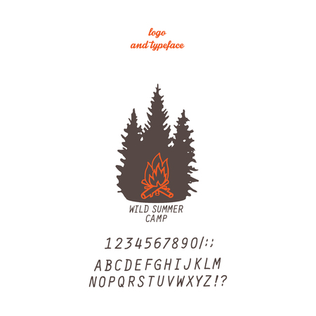 summer camp logo with stylized bonfire and trees silhouettesのイラスト素材