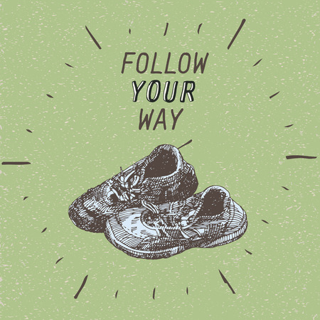 motivation quote: follow your way, vector illustration with old pair of shoesのイラスト素材