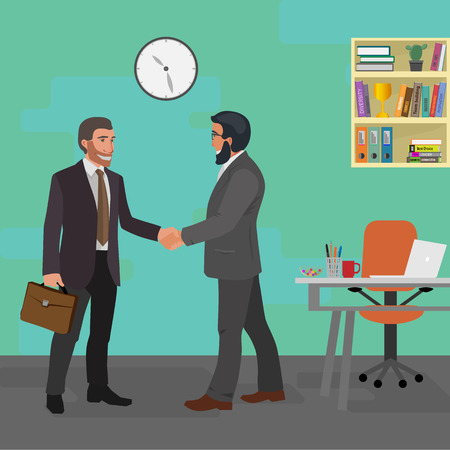 two serious business men shaking hands in office interiorのイラスト素材