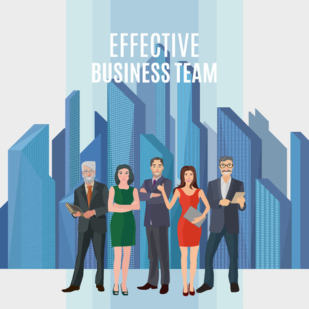 group of positive business people standng in front of modern cityscapeのイラスト素材