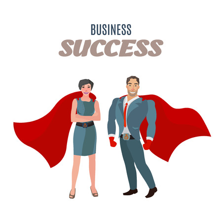 Business man and business woman standing like superheroes, vector business illustrationのイラスト素材