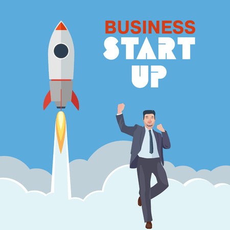 happy business man celebrating successful start of the rocketのイラスト素材