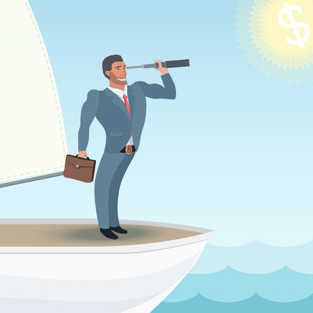 strong man in a business suit standing on a ship and watching forward very braveのイラスト素材