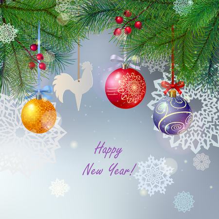 christmas tree branches, beautiful balls and paper snowflakes, festive winter backgroundのイラスト素材