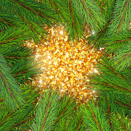 high detailed pine branches forming frame around sparkling golden backgroundのイラスト素材