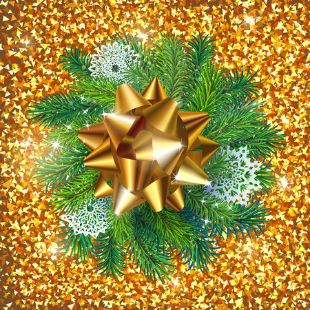 high detailed pine branches and golden decorative element on sparkling backgroundのイラスト素材