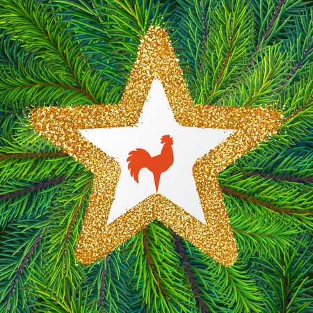 festive composition with green pine branches and golden star with rooster signのイラスト素材
