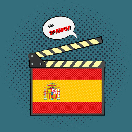 Concept of learning languages, study Spanish. Movie clapper board with pop-art style Spanish flag.のイラスト素材