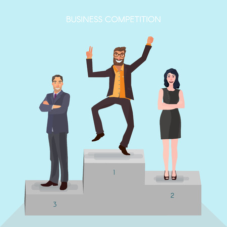 pedestal with business people standing on it, the winner is very happyのイラスト素材