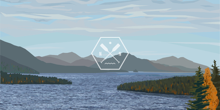 panoramic landscape with lake, mountains and green autumn treesのイラスト素材