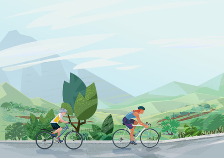 High quality vector illustration with modern landscape and people riding bicycleのイラスト素材